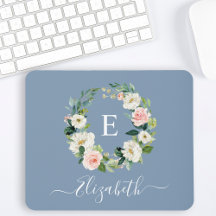 Elegant Watercolor Pink Floral Dusty Blue Monogram