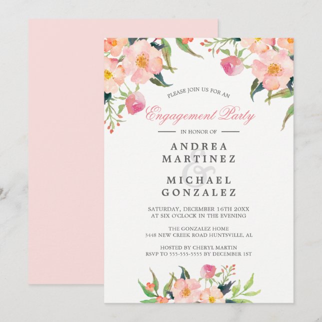 Elegant Watercolor Pink Floral Engagement Party Invitation (Front/Back)