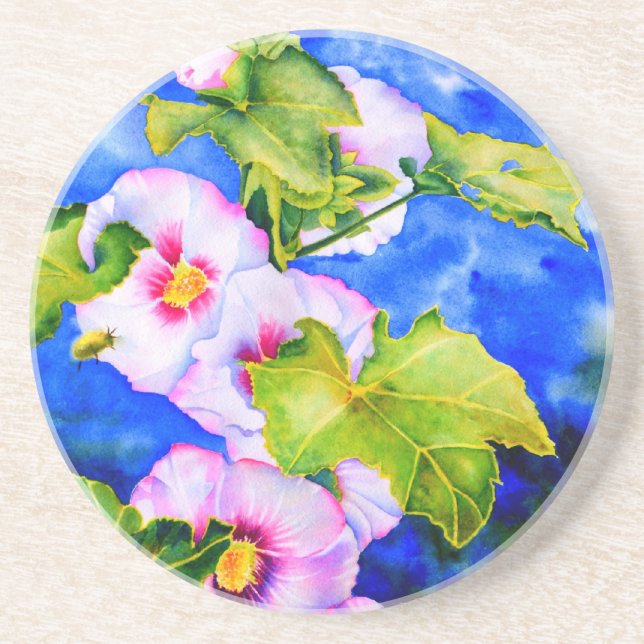 Elegant watercolor pink floral flowers Hollyhocks Coaster (Front)