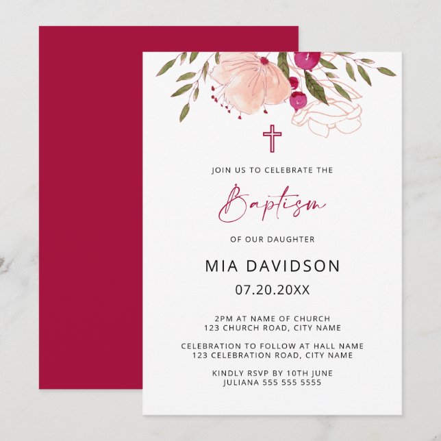 Elegant Watercolor Pink Floral Girl Baptism Invita Invitation (Front/Back)