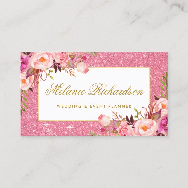 Elegant Watercolor Pink Floral Glitter Business Card (Front)