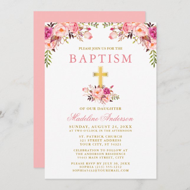 Elegant Watercolor Pink Floral Gold Baptism Invitation (Front/Back)