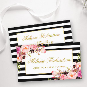 Elegant Watercolor Pink Floral Gold Frame Striped Business Card