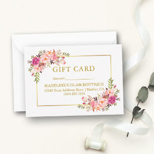 Elegant Watercolor Pink Floral Gold Gift Card