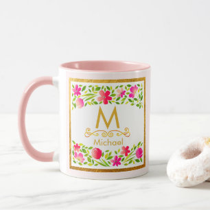 Elegant Watercolor Pink Floral Gold Monogram Mug
