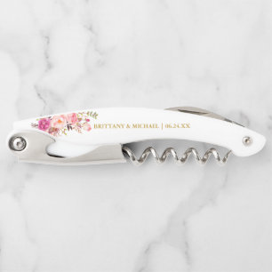 Elegant Watercolor Pink Floral Gold Wedding Corkscrew