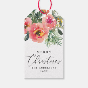 Elegant Watercolor Pink Floral Merry Christmas Gift Tags