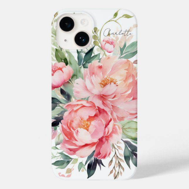 Elegant Watercolor Pink Floral Personalised Name Case-Mate iPhone Case (Back)