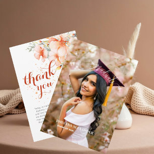 Elegant Watercolor Pink Floral Photo Graduation  Thank You Card