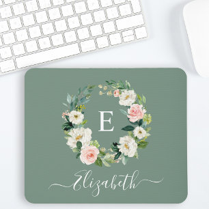 Elegant Watercolor Pink Floral Sage Green Monogram Mouse Pad