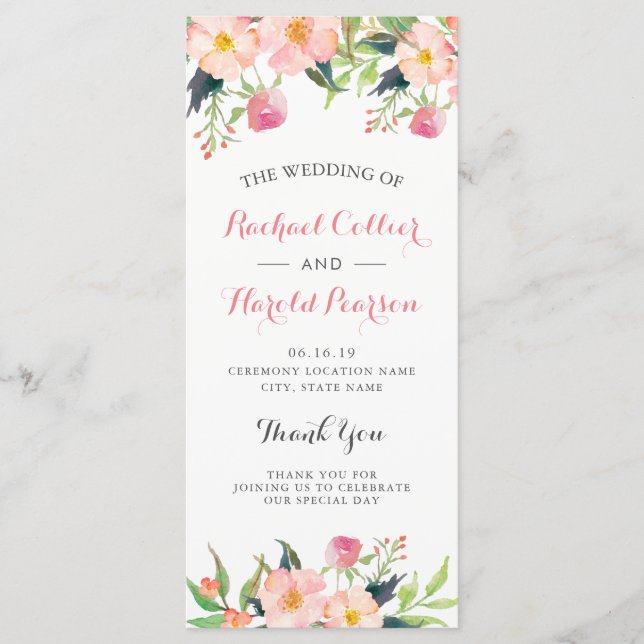 Elegant Watercolor Pink Floral Wedding Program Programme (Front)