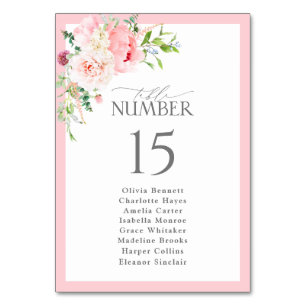 Elegant Watercolor Pink Flowers Bridal Shower Table Number