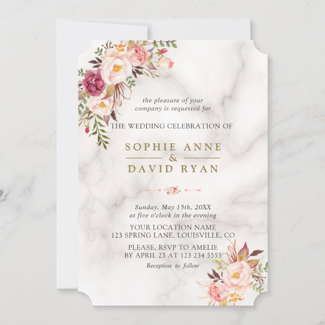 Elegant Watercolor Pink Flowers Marble Wedding Invitation (Front)