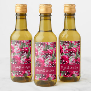 Elegant Watercolor Pink Flowers Wedding Mini Wine Label