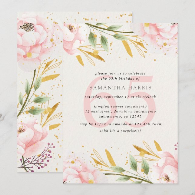 Elegant Watercolor Pink & Gold 65th Birthday Party Invitation (Front/Back)