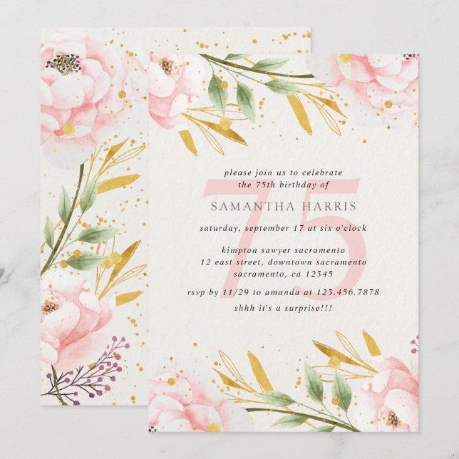 Elegant Watercolor Pink & Gold 75th Birthday Party Invitation (Front/Back)