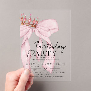 Elegant Watercolor Pink Gold Bow Birthday Party Acrylic Invitations