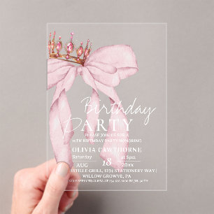 Elegant Watercolor Pink Gold Bow Birthday Party Acrylic Invitations
