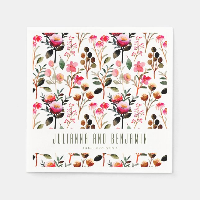Elegant Watercolor Pink Greenery Custom Wedding Napkin (Front)