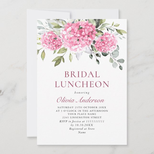 Elegant Watercolor Pink Hydrangea BRIDAL LUNCHEON Invitation (Front)