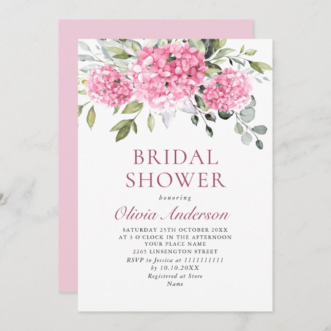 Elegant Watercolor Pink Hydrangea BRIDAL SHOWER Invitation (Front/Back)