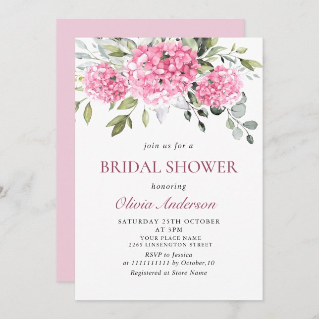 Elegant Watercolor Pink Hydrangea BRIDAL SHOWER Invitation (Front/Back)