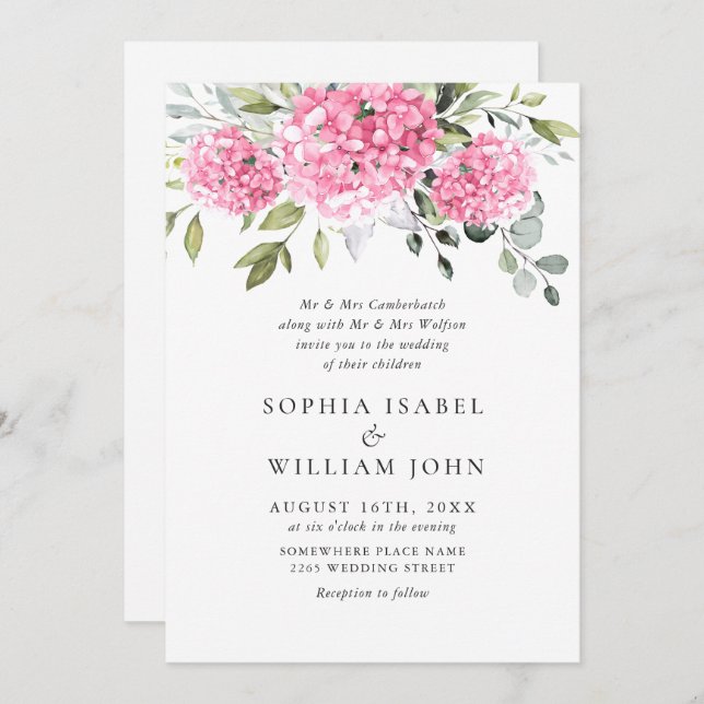 Elegant Watercolor Pink Hydrangea Floral Wedding Invitation (Front/Back)