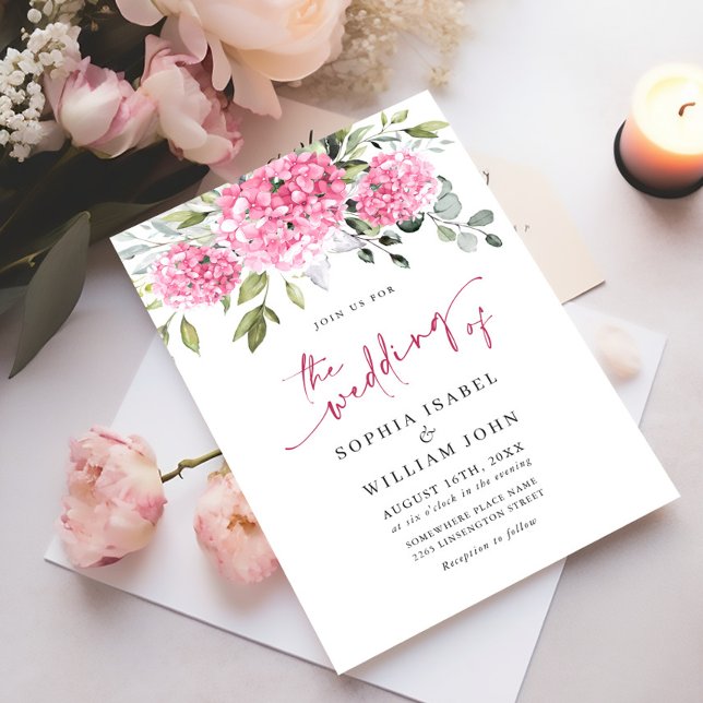 Elegant Watercolor Pink Hydrangea Floral Wedding Invitation (Creator Uploaded)
