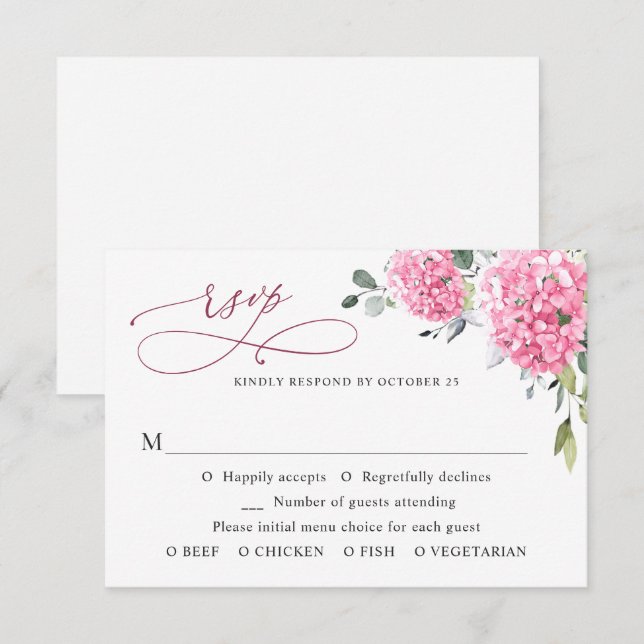 Elegant Watercolor Pink Hydrangea Floral Wedding RSVP Card (Front/Back)