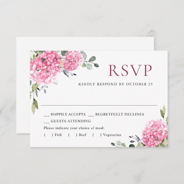 Elegant Watercolor Pink Hydrangea Floral Wedding RSVP Card (Front/Back)