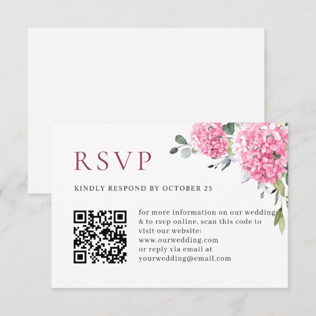 Elegant Watercolor Pink Hydrangea QR code Wedding RSVP Card (Front/Back)