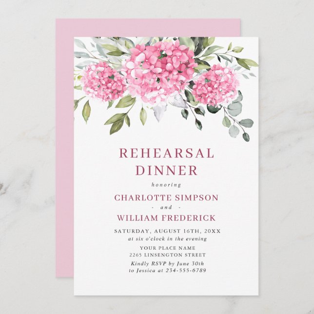 Elegant Watercolor Pink Hydrangea Rehearsal Dinner Invitation (Front/Back)
