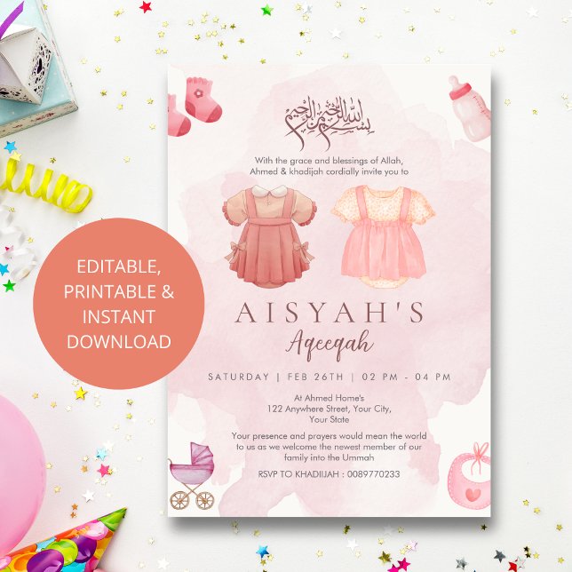Elegant Watercolor Pink Islamic Baby Girl Aqiqah  Invitation (Creator Uploaded)