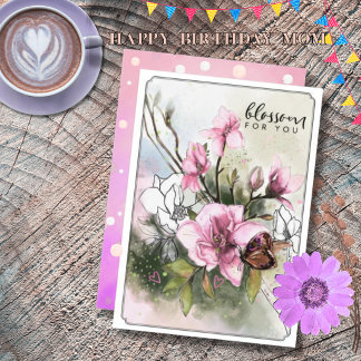 Elegant Watercolor Pink Magnolia Birthday Mum Card