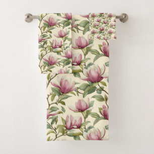 Elegant Watercolor Pink Magnolia Flowers Bath Towel Set