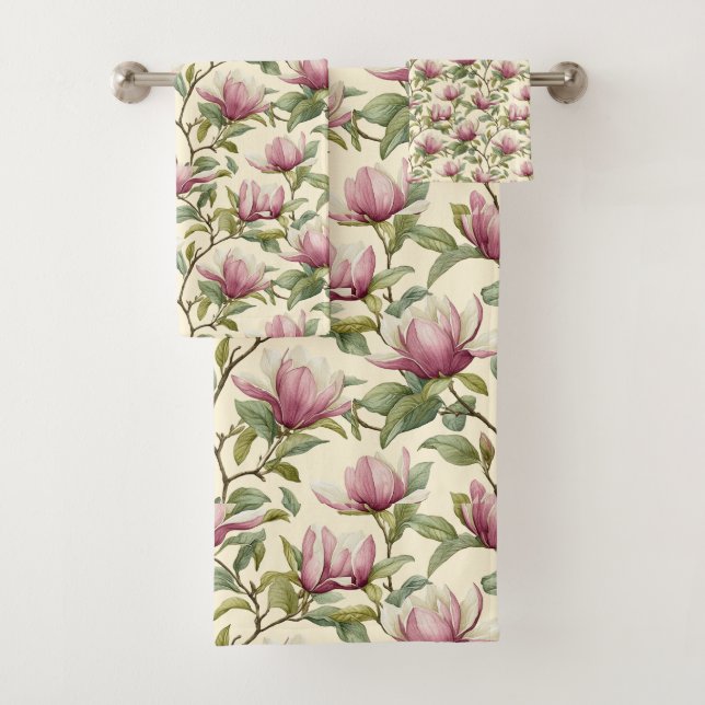 Elegant Watercolor Pink Magnolia Flowers  Bath Towel Set (Insitu)