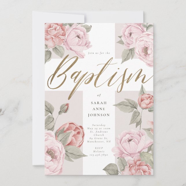 Elegant Watercolor Pink Peonies Baby Baptism Cross Invitation (Front)