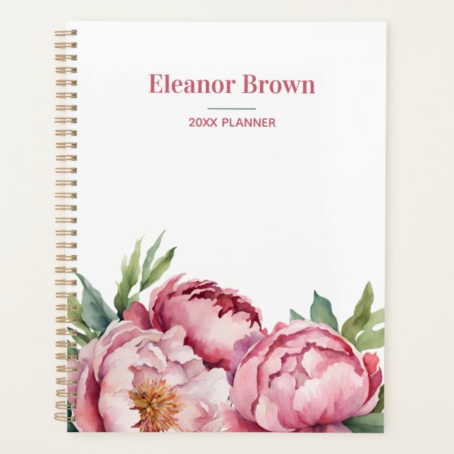 Elegant Watercolor Pink Peonis 2024 Personalised Planner (Front)