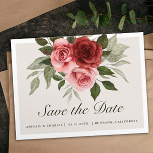 Elegant Watercolor Pink  Red Roses Save The Date Announcement Postcard