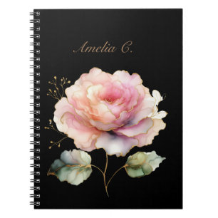 Elegant Watercolor Pink Rose Black Notebook