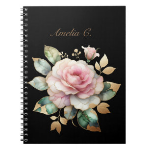 Elegant Watercolor Pink Rose Black Notebook