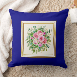Elegant Watercolor Pink Rose Bouquet Red Cushion