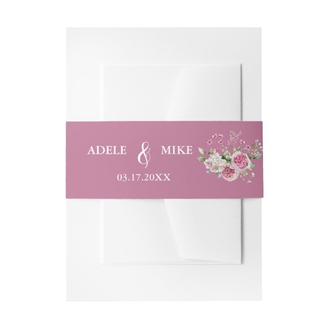 Elegant Watercolor Pink Rose Bouquet Wedding Invitation Belly Band (Front Example)