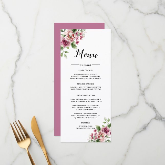 Elegant Watercolor Pink Rose Bouquet Wedding Menu (Front/Back In Situ)