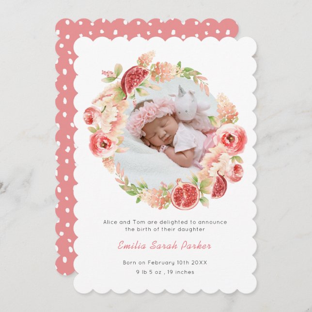 Elegant Watercolor Pink Rose Floral Photo Birth Announcement (Front/Back)