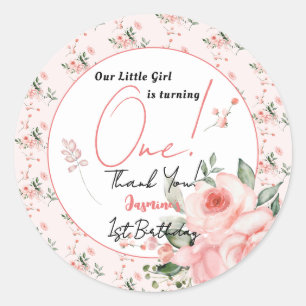 Elegant Watercolor Pink Rose Girl 1st Birthday Classic Round Sticker