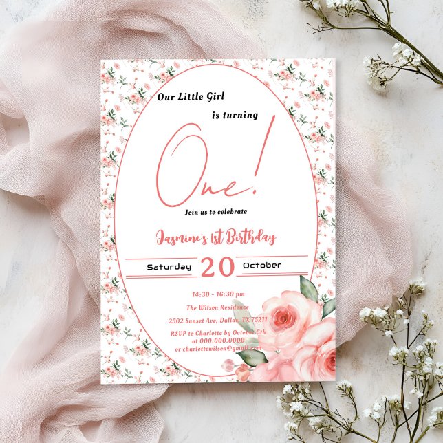 Elegant Watercolor Pink Rose Girl 1st Birthday Invitation (Creator Uploaded)