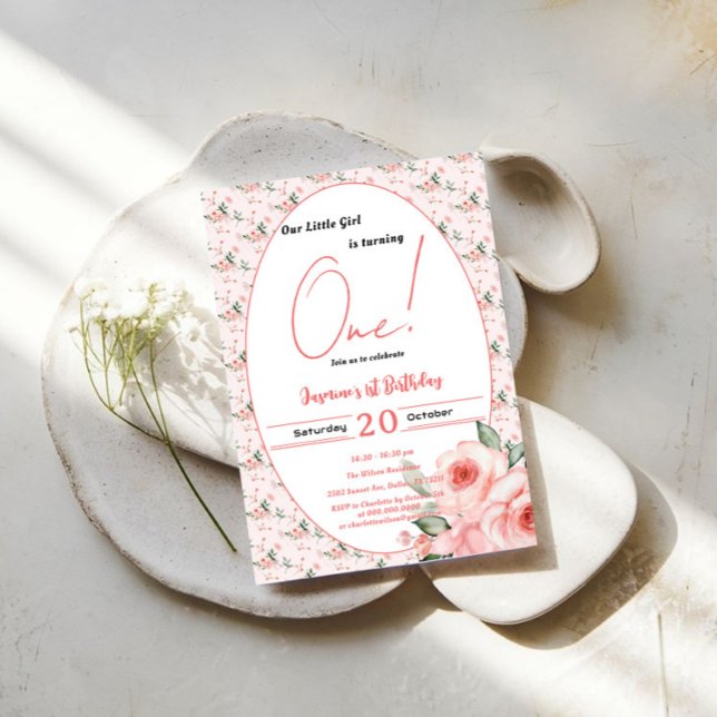 Elegant Watercolor Pink Rose Girl 1st Birthday Invitation (Creator Uploaded)