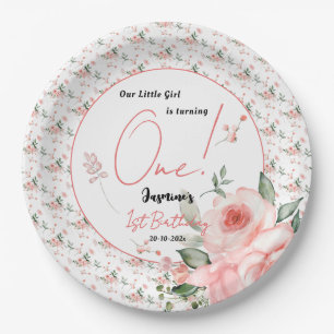 Elegant Watercolor Pink Rose Girl 1st Birthday Paper Plate