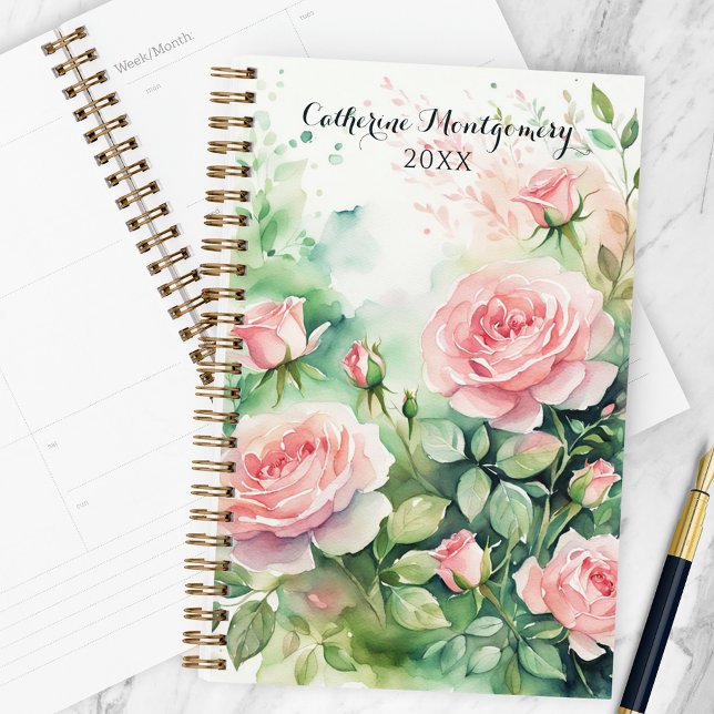 Elegant Watercolor Pink Roses and Green Foliage Planner (Creator Uploaded)
